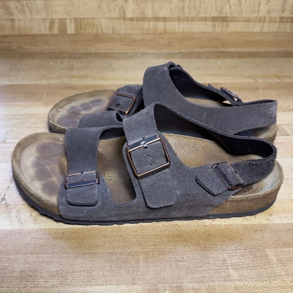 Birkenstock Milano Dark Brown Suede Sandals Mens 44 US 11 Three Strap Buckle